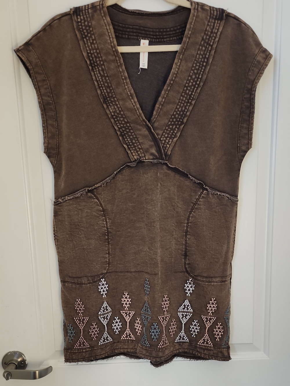 Daily Practice Brown Embroidered V-Neck Mini Dress with Pockets